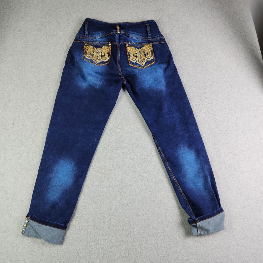 Womens Jeans 15 Blue Denim High Waisted Embellished Pockets Super Stretch Skinny